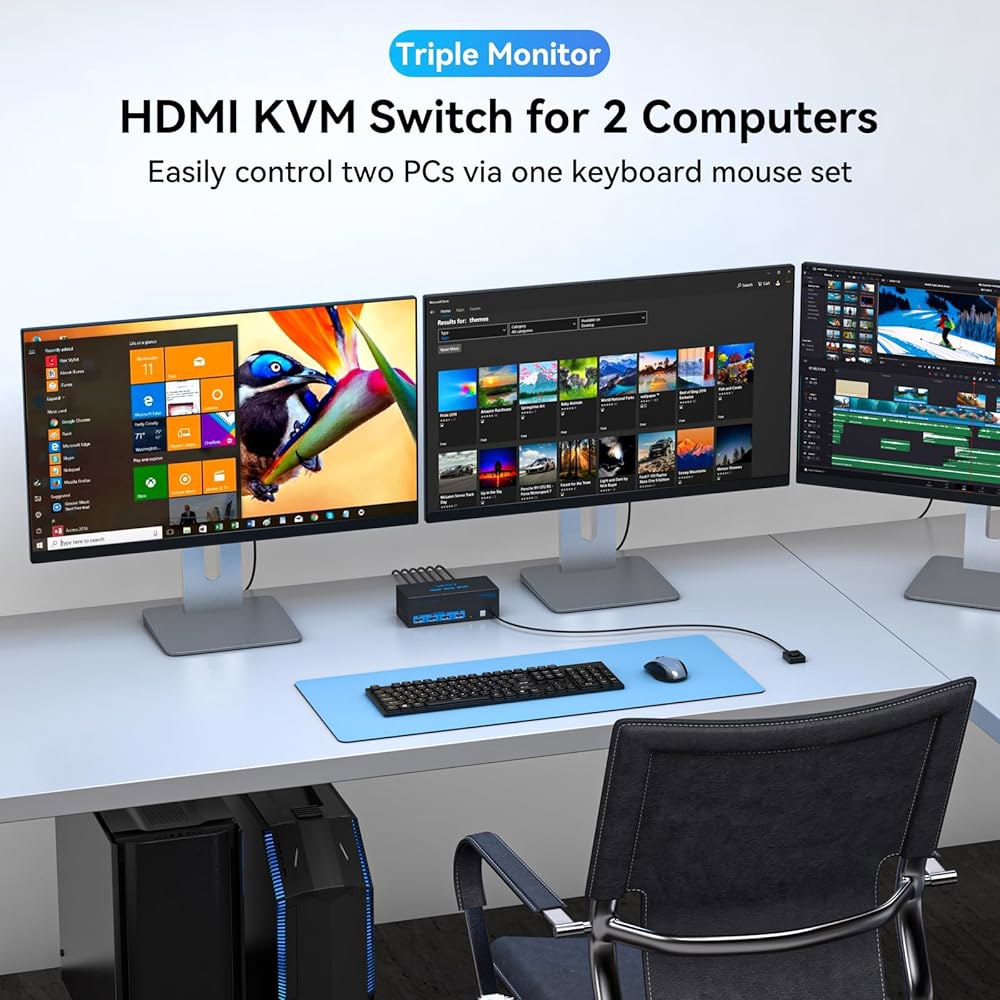 KVM 스위치 3 모니터 컴퓨터 HDMI 4K@60Hz USB 3.0 2대, PC 공유 트리플 포트 4개로 확장 및 복사 모드 지원.유선 컨트롤러 DC 12V / 1A 어댑터 포함 - 상세 이미지 2