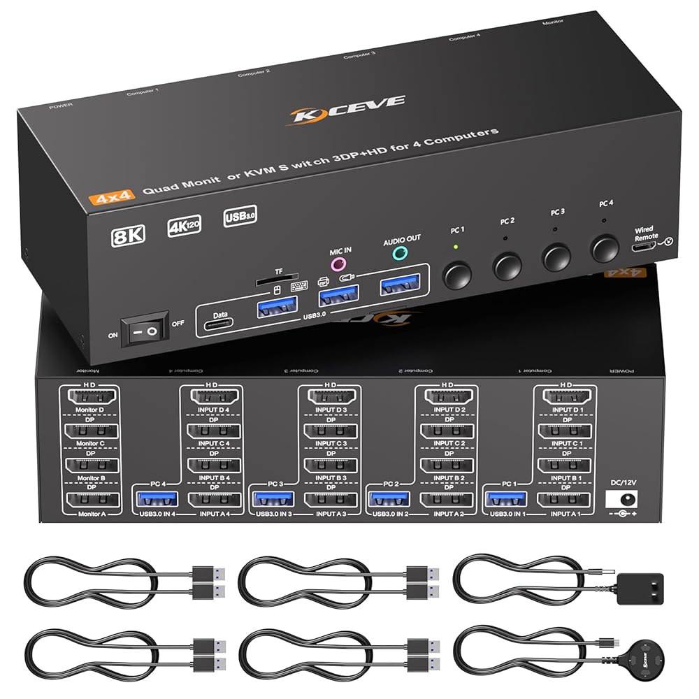 KVM 스위치 4 모니터 컴퓨터 HDMI + 디스플레이포트, 오디오 잭이 있는 KCEVE DP 스위처, PC 공유 디스플레이 및 USB 3.0 장치 4대용 8K@30Hz /4k@1 - 상품 이미지