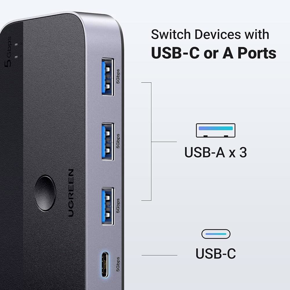 UGREEN USB 3.0 스위치 컴퓨터 2대, C & A 장치 공유, 키보드 및 마우스 공유 4포트 스위처, 케이블 2개와 컨트롤러 2대용 프린터/스캐너 허브 Black - 상세 이미지 3