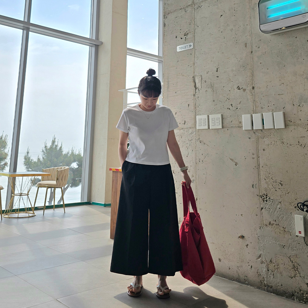 155CM 8부 치마바지 와이드 블랙 뒷밴딩 키작녀 팬츠 - 상세 이미지 5