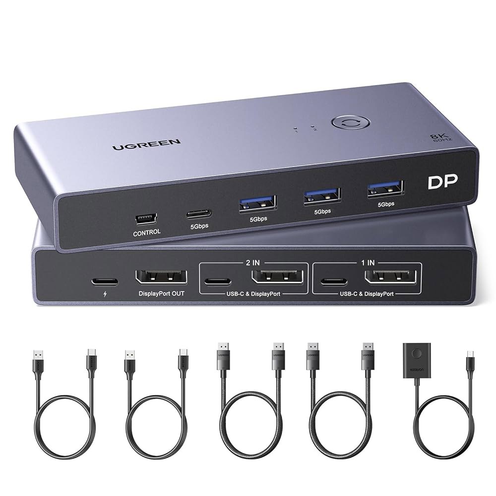 UGREEN 8K 디스플레이포트 KVM 스위치 2 in 1 출력 DP1.4, USB 3.0 포트 4개(USB-A 3개 + USB-C 1개) 지원 8K@60Hz 4K@240Hz 공유 - 상품 이미지