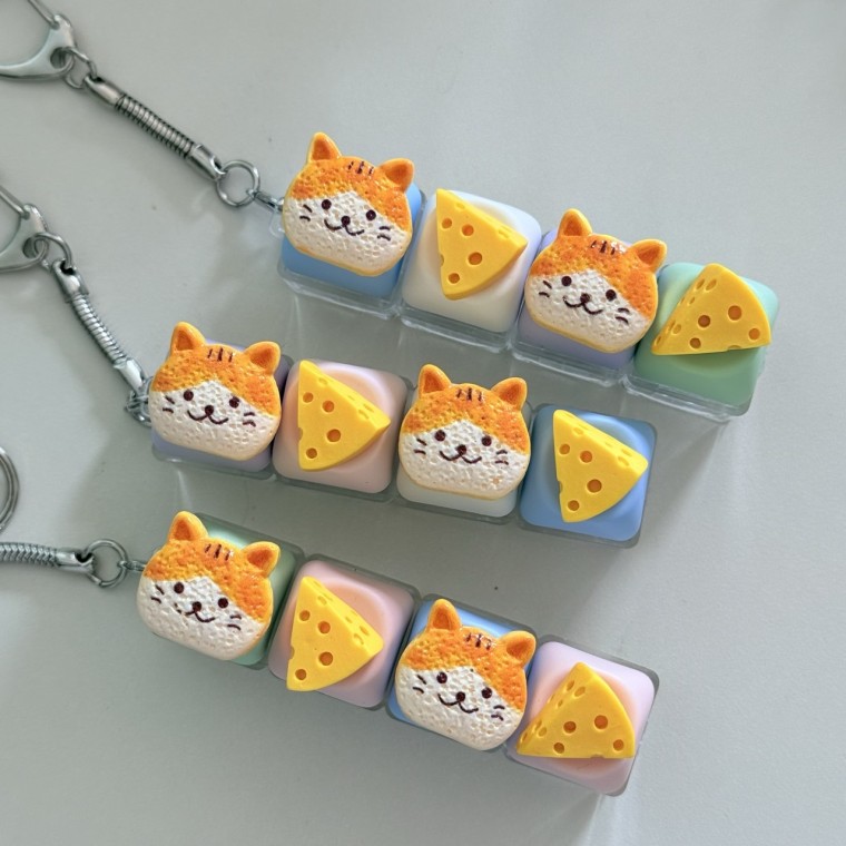 4구 강아지 치즈 고양이 케이크 LED 야광 불빛 키캡 키링 컬러 키보드 자판 딸깍이 클리커 - 상품 이미지