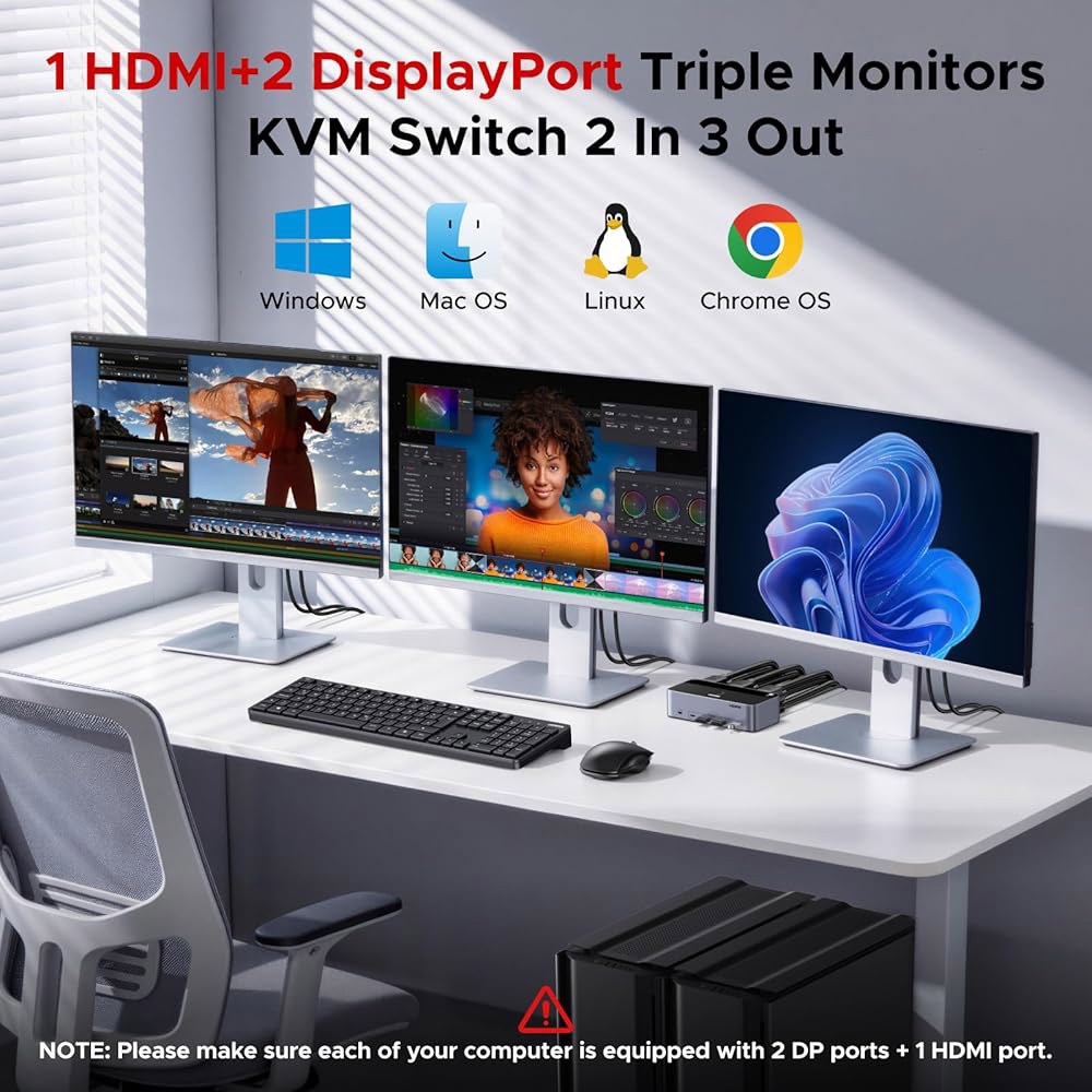 UGREEN 8K@60Hz HDMI 디스플레이포트 KVM 스위치 3 모니터 2대, 알루미늄 4K@240Hz, USB 3.0 포트 4대, 2대 컴퓨터용 트리플 DP+2 HDMI+2 - 상세 이미지 2