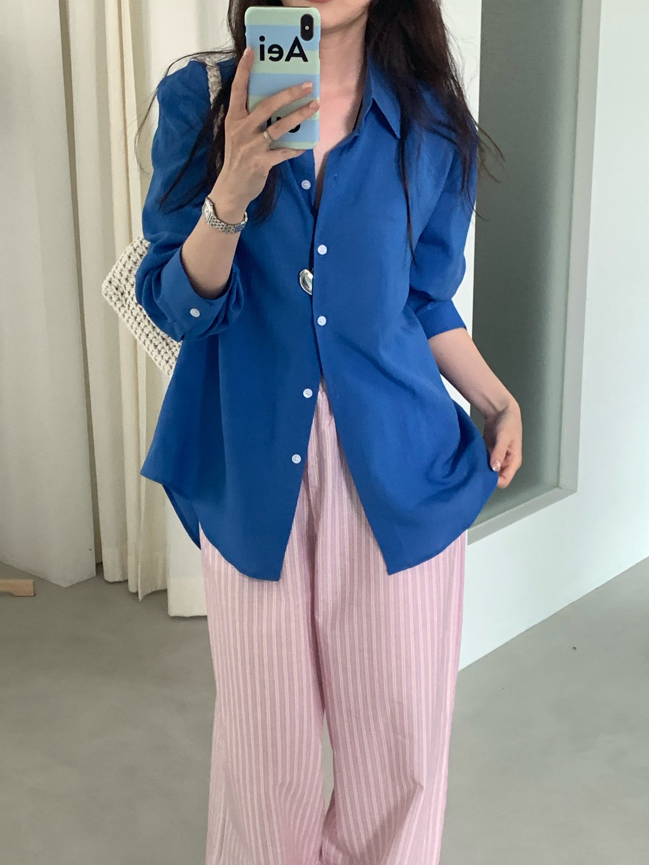 오버무드 여름 리오셀100 시스루 살안타템 장마 여름 박시 루즈핏 부드러운 긴팔 셔츠 - 상품 이미지