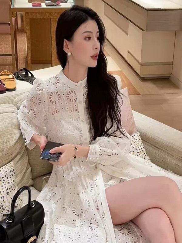 블라우스 반팔 셔링 퍼프소매 브이넥 시스루 루즈핏 긴팔 셔츠 여름 여성 남방 레이스 린넨 - 상세 이미지 4