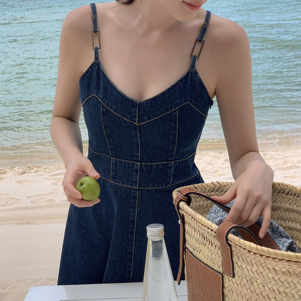 브이넥 뷔스티에 데님 롱 원피스 다크블루 이미지 8