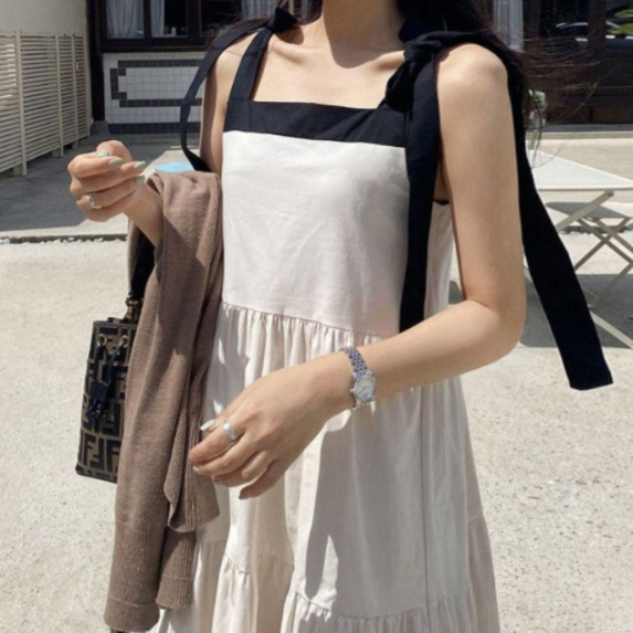 배색 숄더 스트랩 하이웨스트 롱원피스 캉캉 휴양지 - 상세 이미지 3