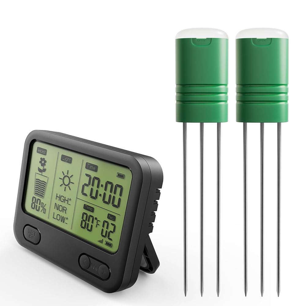 LCD 수신기 u2013 3 u2011Probe u2011in u20111 센서(습도, 온도, 조명), 230피트 RF 범위, 방수 기능, 실내/외 식물 및 정원용 긴 배터리 수명 - 상품 이미지