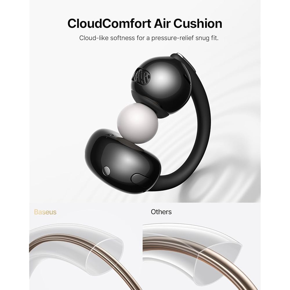베이스어스 보위 MC2 에어 오픈 이어 클립온 이어버드, 4.9g 울트라 라이트, CloudComfort 쿠션, 11mm 드라이버 슈퍼 베이스 2.0, 4 마이크 클리어 콜, 체육 - 상세 이미지 3