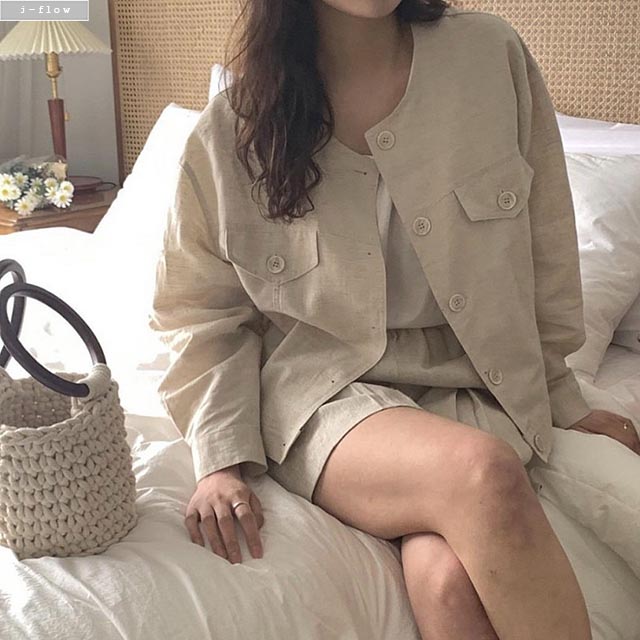 코츠 라운드 버튼 루즈핏 야상 자켓 3col 여름 린넨 긴팔 노카라 데일리 제이플로우 - 상품 이미지