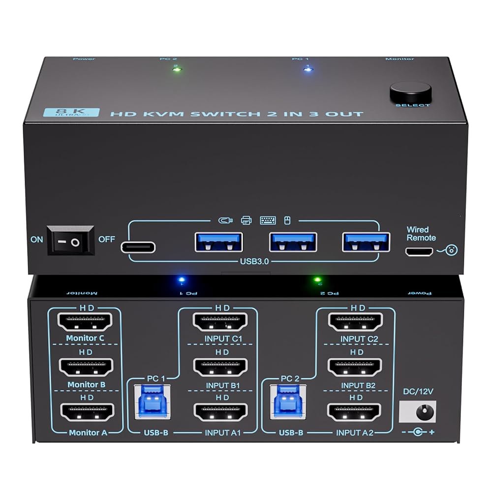 KVM 스위치 3 모니터 2대 컴퓨터 8K@60Hz /4K@120Hz, PC용 HDMI 스위치, 트리플 및 전원 어댑터, 유선 익스텐션 컨트롤러 USB3.0 케이블이 포함된 키보드 - 상품 이미지