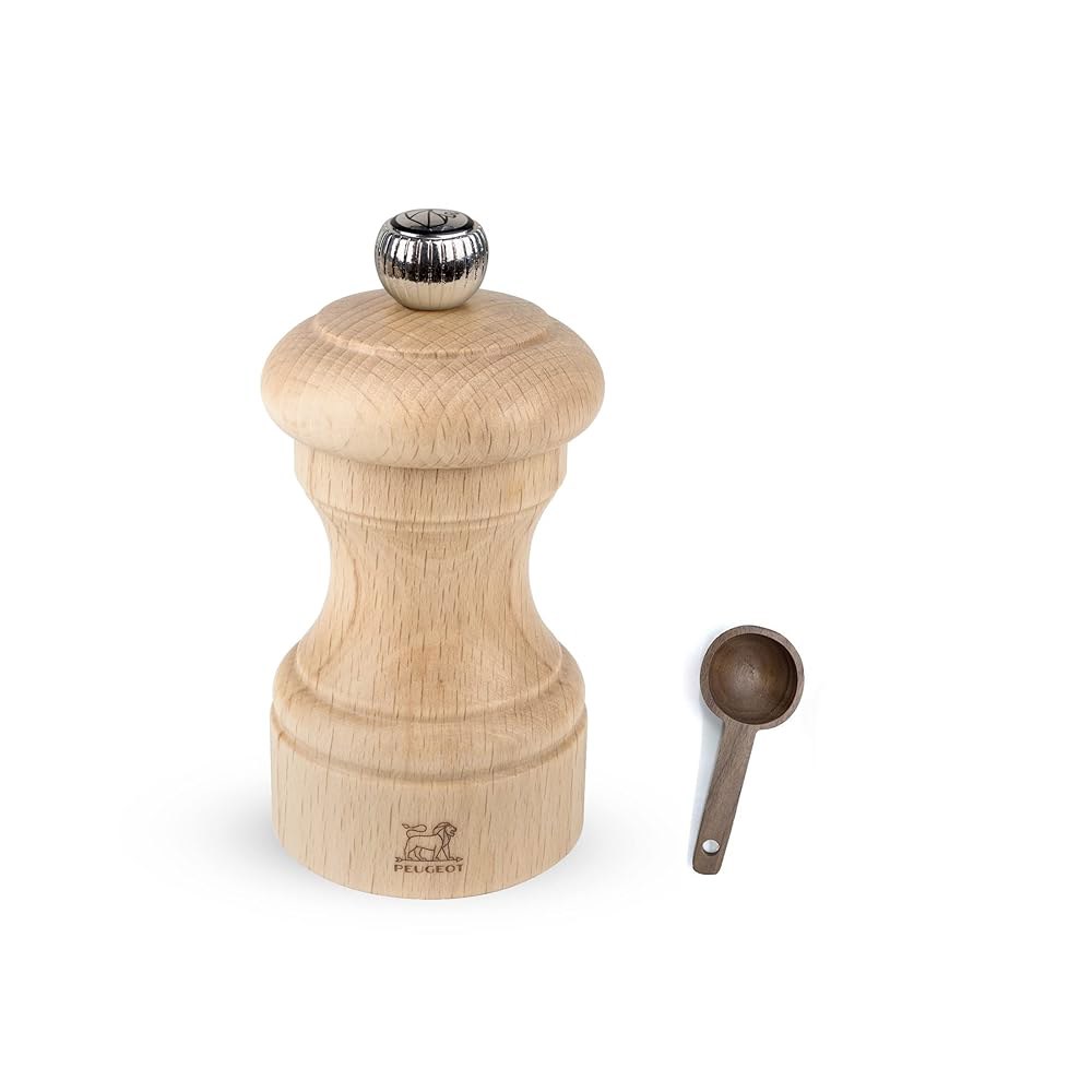 푸조 비스트로 수동 페퍼 밀, 천연 목재 10cm - 4인치 나무 향신료 스쿱 포함 - 상품 이미지