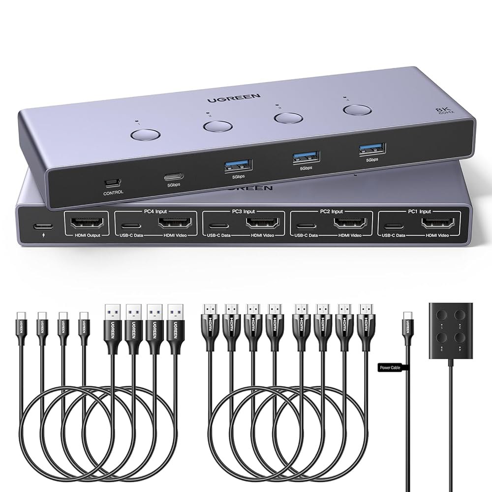 UGREEN 8K@60Hz HDMI KVM 스위치 4대, USB 3.0 포트 4개 포함 알루미늄 스위치, 케이블 4개, 및 데스크탑 컨트롤러가 포함된 모니터 키보드 마우스 하드 - 상품 이미지