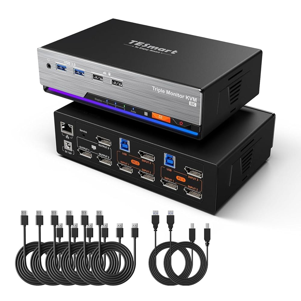 TESmart DP KVM 스위치 3 모니터 2 컴퓨터 8K@60Hz, USB 3.0 트리플 디스플레이포트 1.4, EDID, 1G 이더넷, 핫키 스위치, 게임 및 홈 오피스용 - 상품 이미지