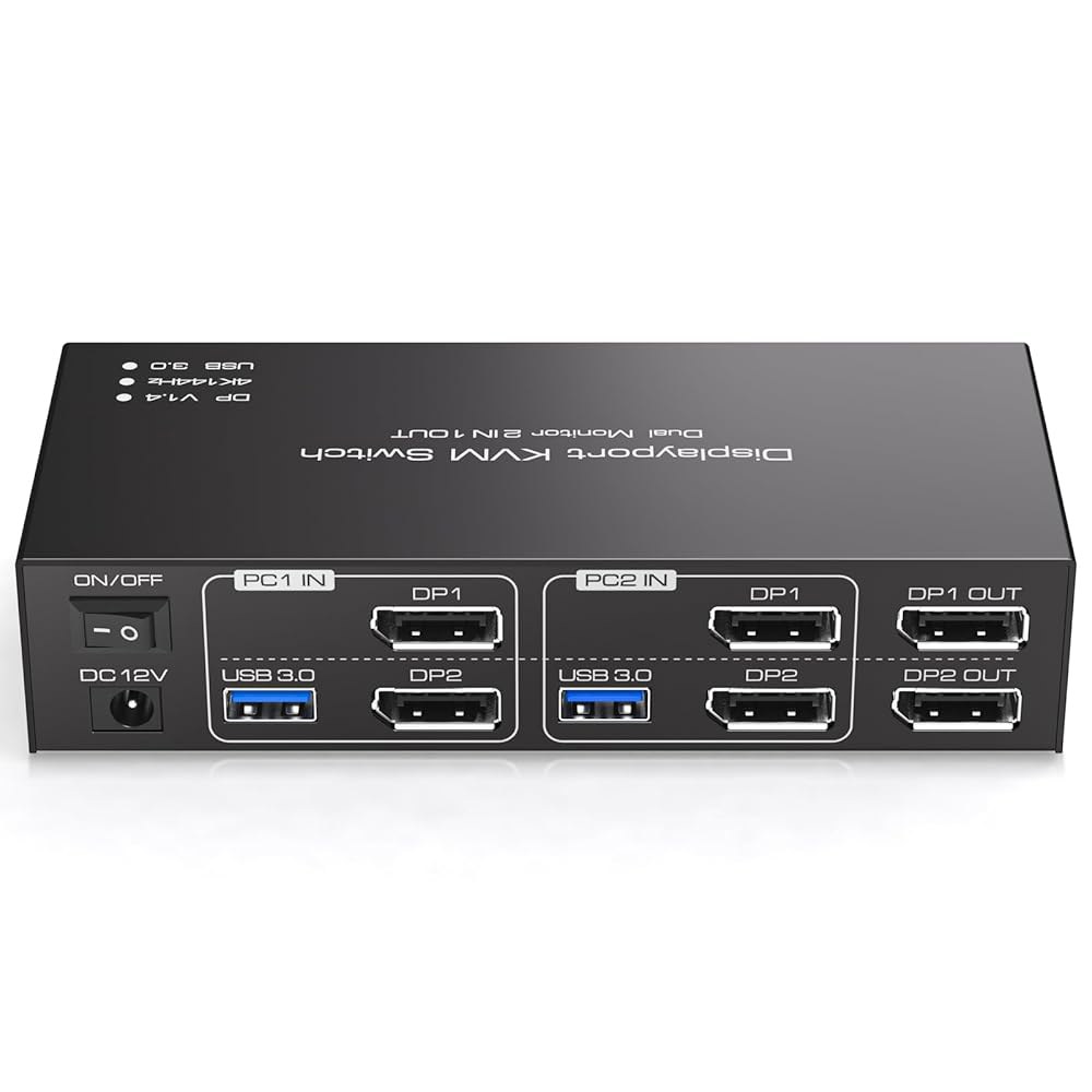 디스플레이포트 KVM 스위치 2 모니터 컴퓨터 2대용 4K@144Hz USB3.0 2대, 듀얼 디스플레이 공유 및 데스크톱 컨트롤러를 통한 확장/복사 모드 지원 4대 - 상품 이미지