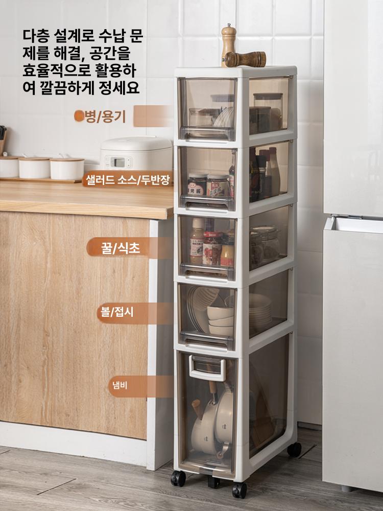 틈새수납장 슬라이딩 세탁실 선반 바퀴수납장 20cm 투명티 대형 1개 소형 4개 1 칸 1x1cm - 상세 이미지 2