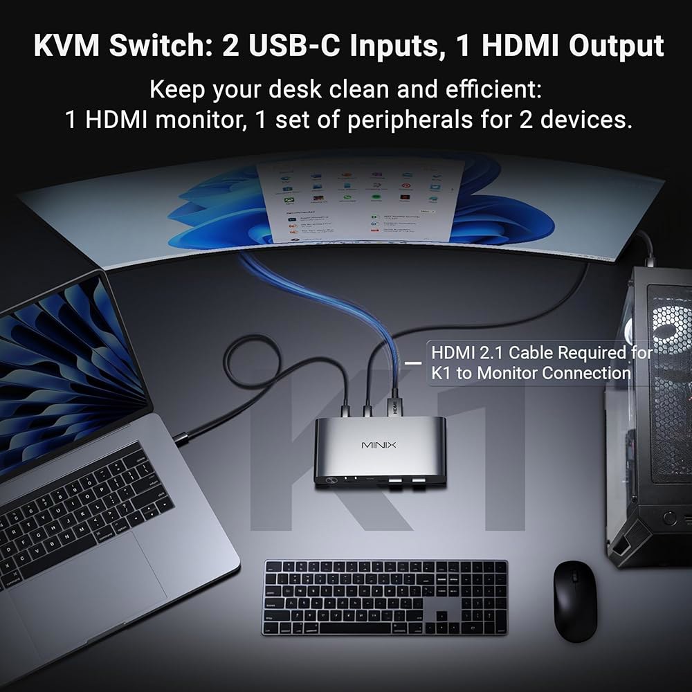 MINIX K1 USB C KVM 스위치 1 모니터 2대, 4K@120Hz HDR, 100W PD 3.0, 듀얼 USB-C 입력 스위치, 키보드 및 마우스 공유, 알루미늄 디자인, - 상세 이미지 2