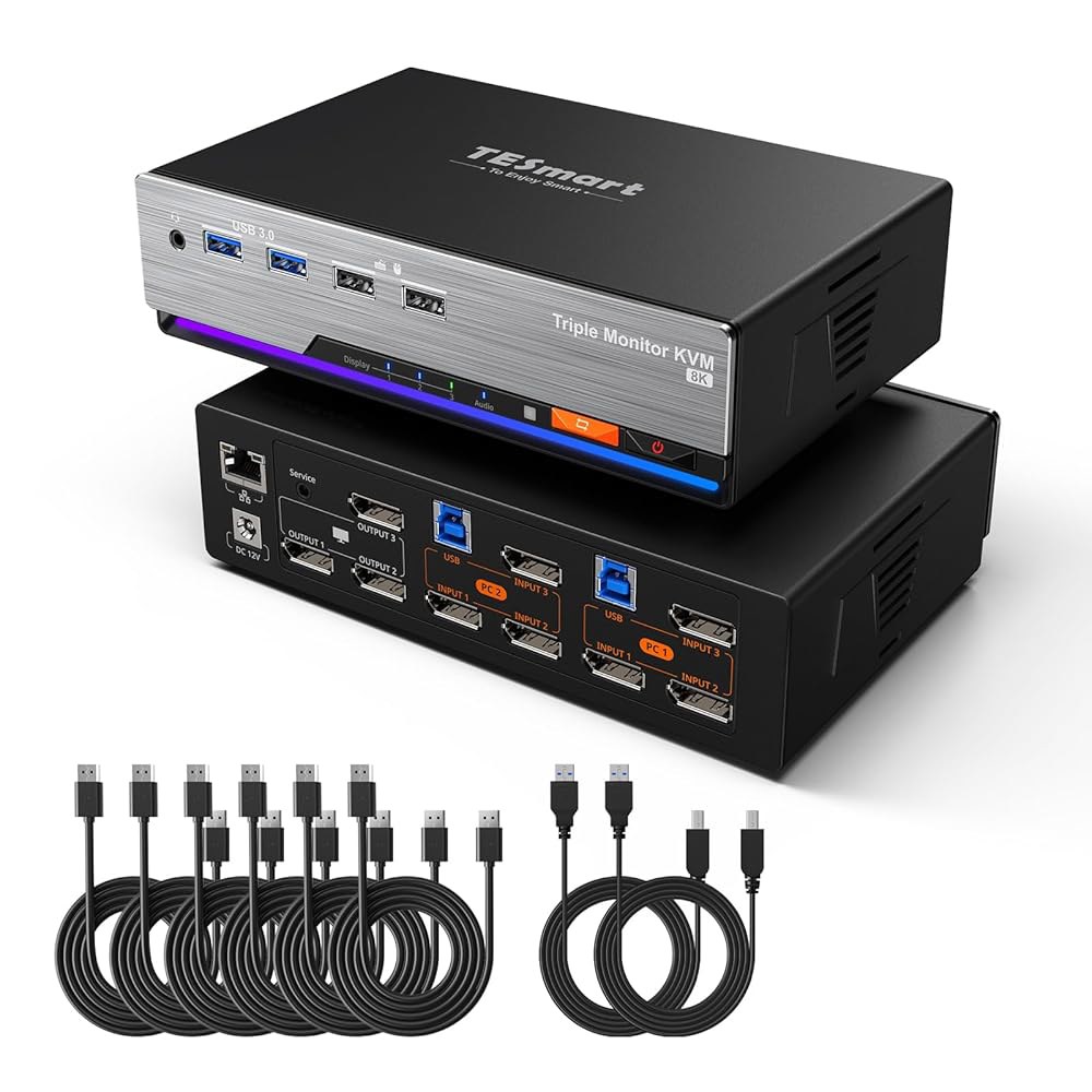 TESmart 8K@60Hz DP KVM 스위치 3 모니터 2 컴퓨터 USB 3.0, 트리플 디스플레이포트 1.4, 지원 EDID, 1G 이더넷, 핫키 스위치, 게임 및 홈 오피스 - 상품 이미지