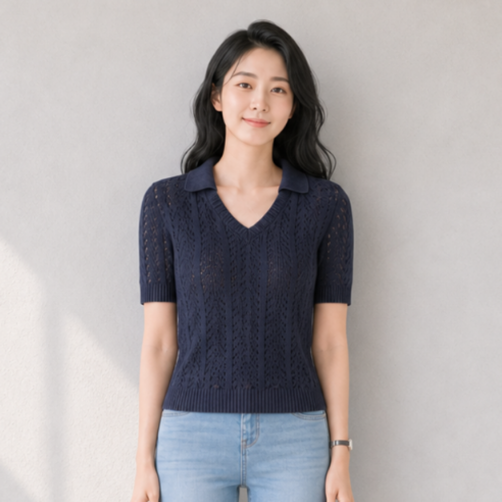 여자 오픈카라 니트 반팔 데일리 출근룩 카라티 - 상품 이미지