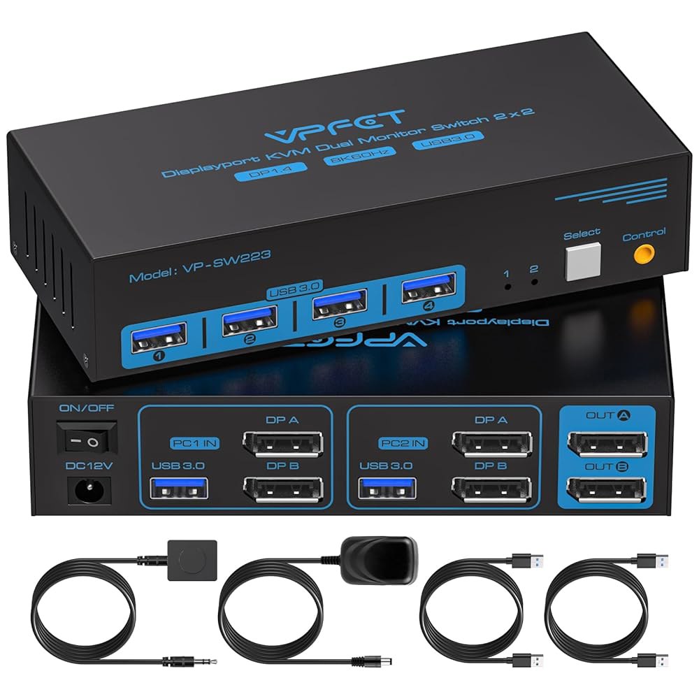 8K@60Hz 디스플레이포트 KVM 스위치 2 모니터 컴퓨터 4K@120Hz USB3.0 듀얼 PC 공유 화면 2개와 USB 케이블 2개가 있는 키보드 마우스 프린터 및 U 디스크 - 상품 이미지