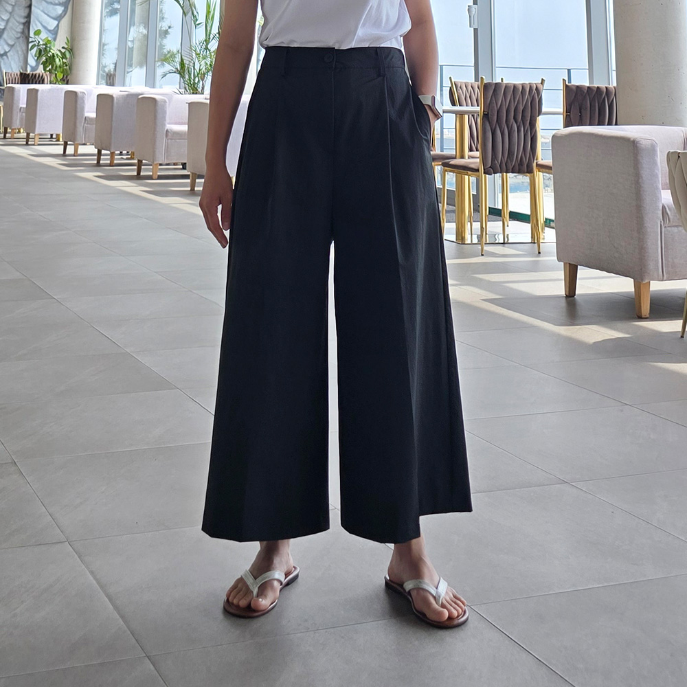 155CM 8부 치마바지 와이드 블랙 뒷밴딩 키작녀 팬츠 - 상품 이미지