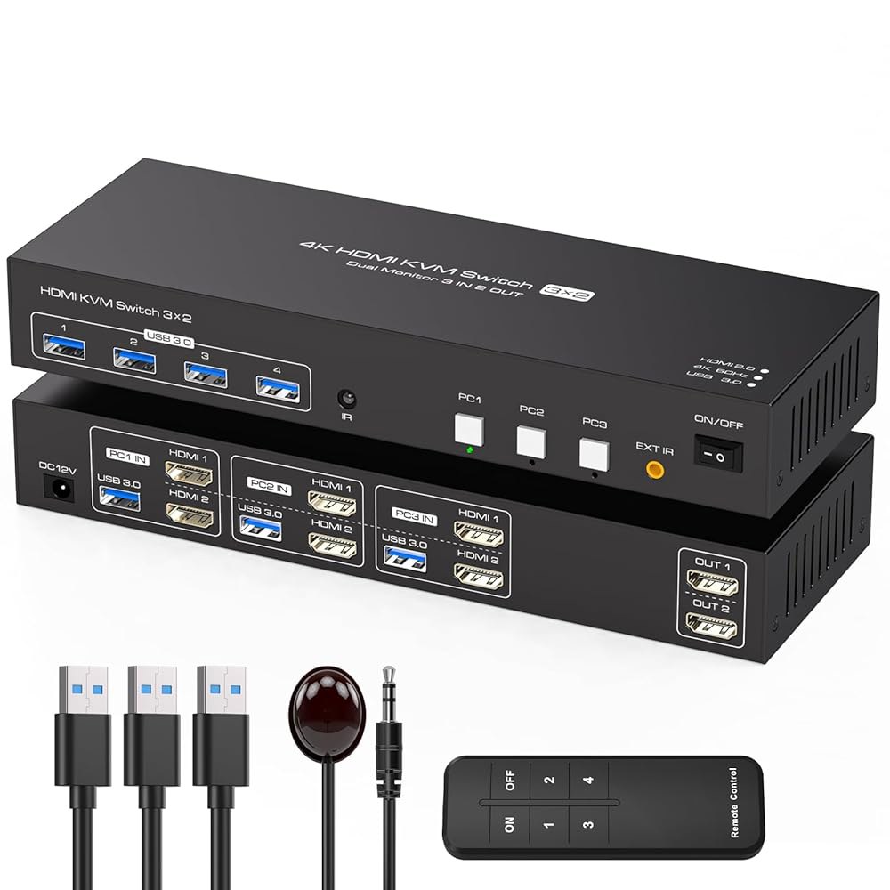 HDMI KVM 스위치 2 모니터 3대, 4K@60Hz USB 3.0 공유 듀얼 및 4개의 포트, DC 12V 어댑터 유선 컨트롤러로 확장/복사 모드 지원 Pure White - 상품 이미지
