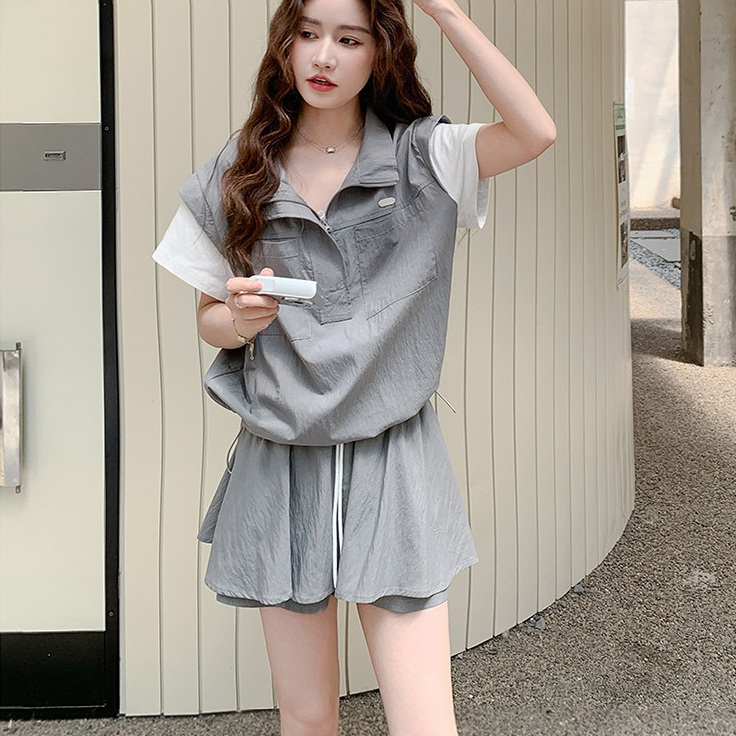 여름 루즈핏 카라 반팔 반바지 트레이닝 투피스 세트 - 상세 이미지 4