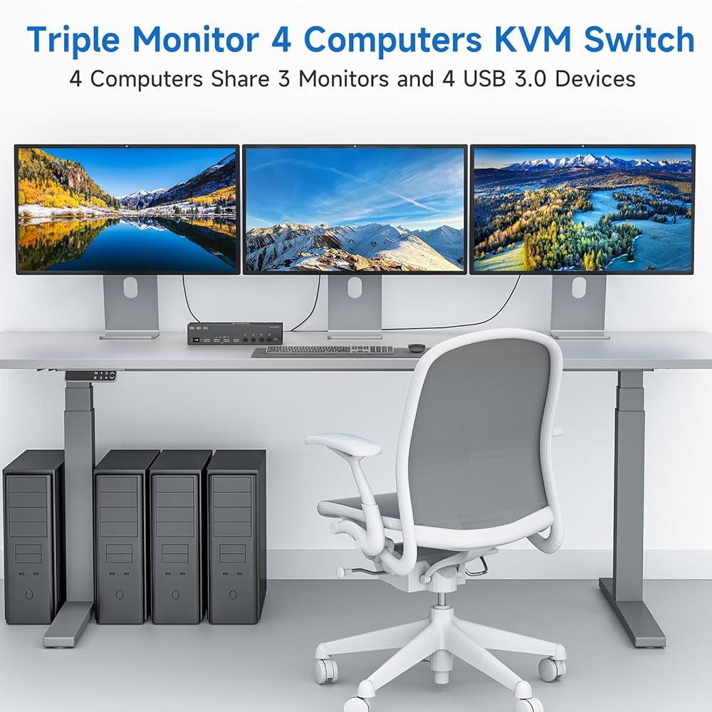 HDMI+2 디스플레이포트 KVM 스위치 3 모니터 4대, 컴퓨터 8K@60Hz 4K@144Hz, 포트 3중 공유 디스플레이 및 USB3.0 4개로 확장/거울 모드를 지원합니다. - 상세 이미지 2