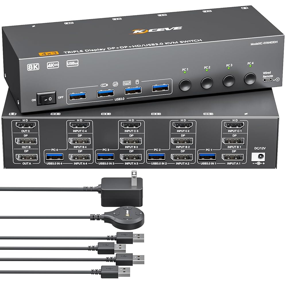 HDMI+2 디스플레이포트 KVM 스위치 3 모니터 4대, 컴퓨터 8K@60Hz 4K@144Hz, 포트 3중 공유 디스플레이 및 USB3.0 4개로 확장/거울 모드를 지원합니다. - 상품 이미지
