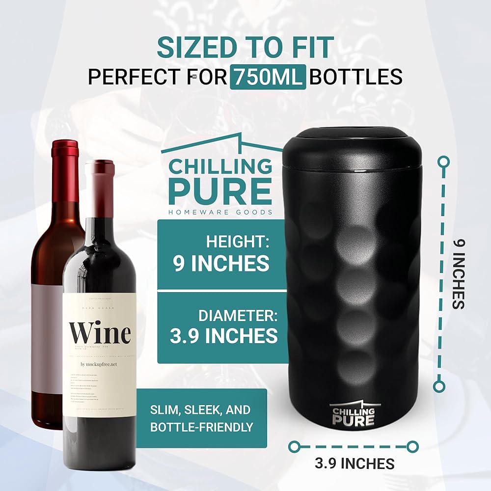 진공 단열 스테인리스 스틸 와인 & 샴페인 병 쿨러 u2013은 대부분의 750mL 병에 맞고 음료를 몇 시간 동안 차갑게 유지합니다(은색) Silver - 상세 이미지 3