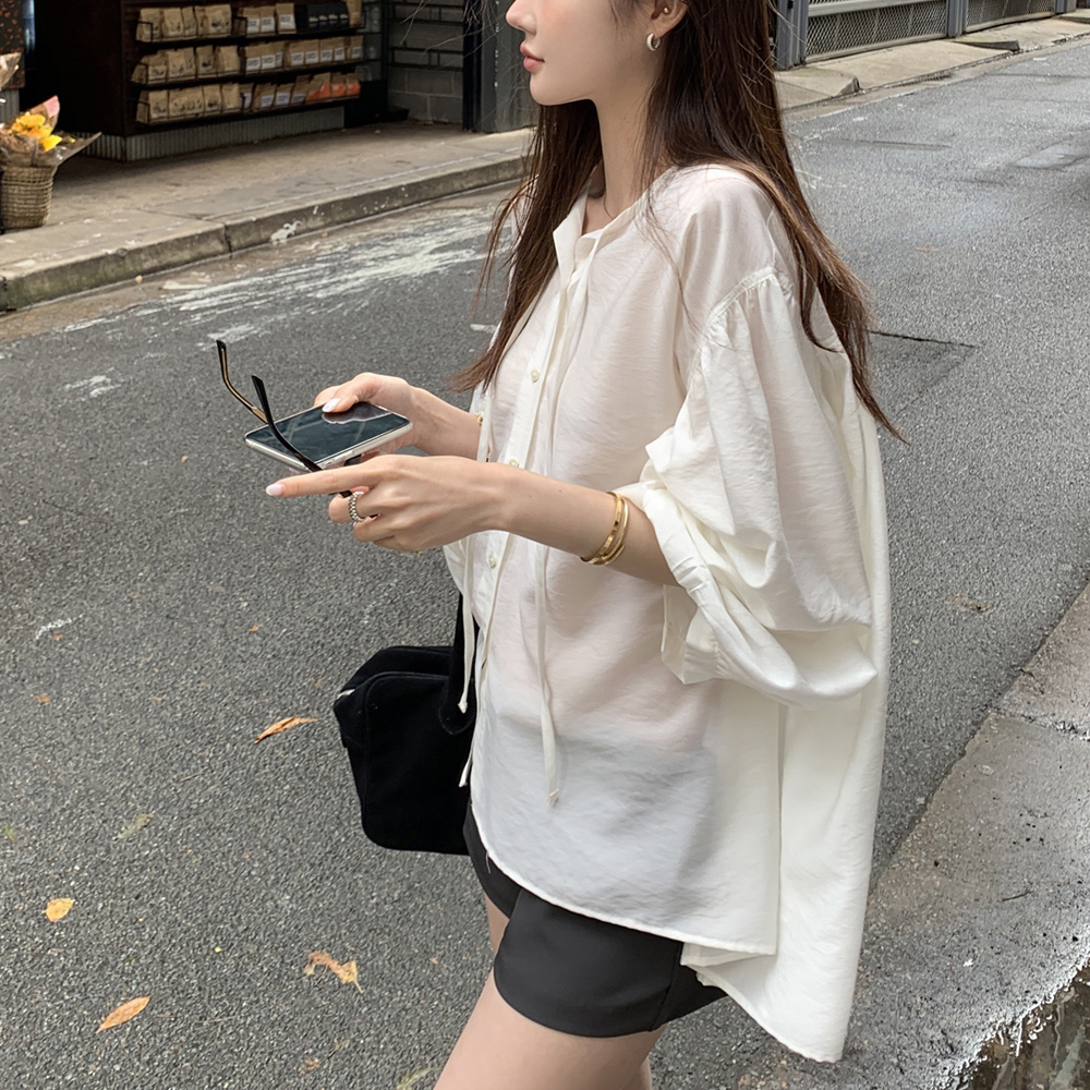 G127081_루즈핏 셔링 벌룬블라우스 빅사이즈셔츠 - 상품 이미지