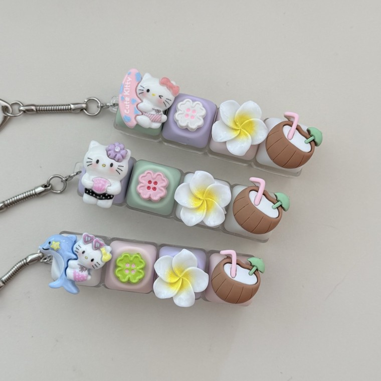 4구 고양이 KT 여름 코코넛 클로버 돌고래 동물 LED 야광 불빛 키캡 키링 컬러 키보드 자판 딸깍이 클리커 - 상품 이미지