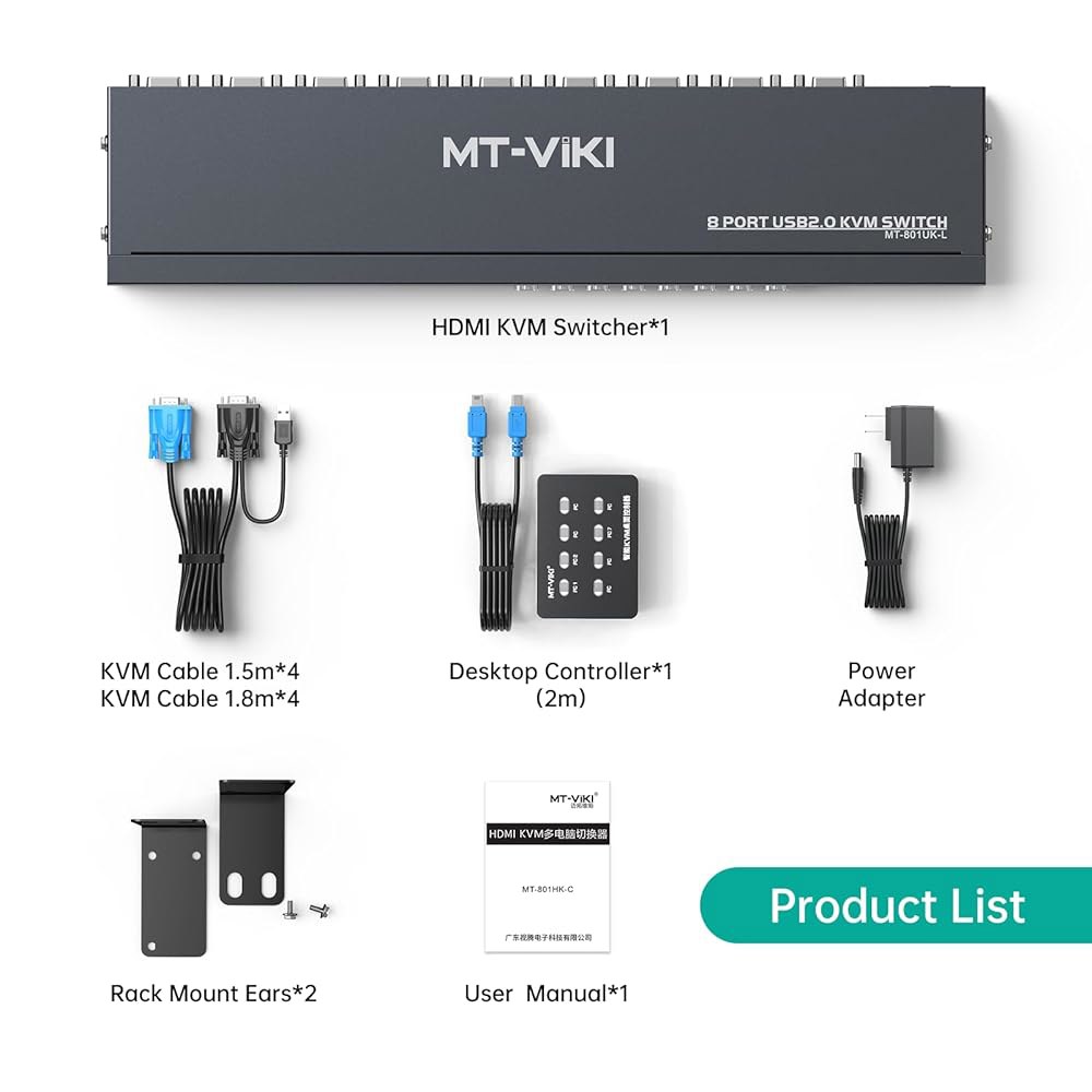 MT-VIKI KVM 스위치 8포트, 8X1 랙마운트 VGA, 8개의 2-in-1 케이블 및 와이어-데스크탑 셀렉터 전원 어댑터 포함, 1U 19인치 랙 장착 가능 - 상세 이미지 2