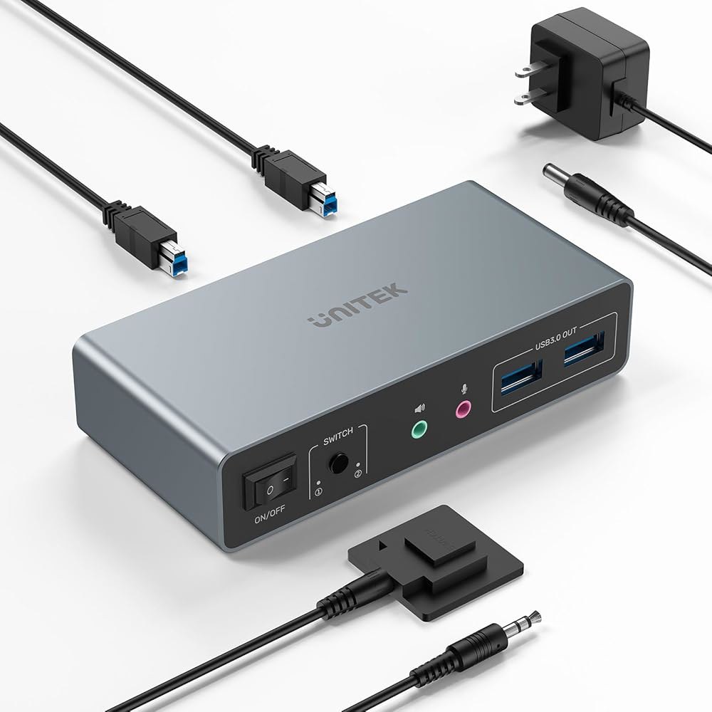 유니텍 KVM 스위치 2 모니터 컴퓨터 4K@60Hz HDMI + 디스플레이포트 듀얼 3 USB 포트 공유 키보드 마우스 하드 드라이브 마이크 헤드셋 USB-B 케이블 DC 5V - 상품 이미지
