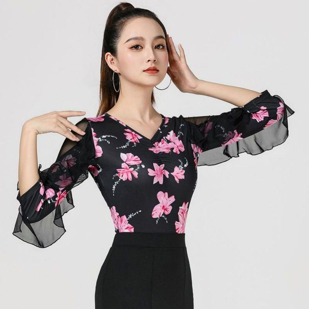 라인댄스 댄스복 루즈핏 민소매 여자 반팔티셔츠 레이어드 방송 사교 여성 여름 이너 나시 꽃 M - 상품 이미지
