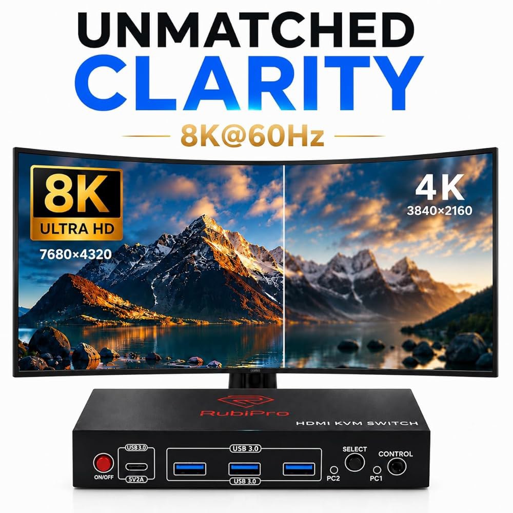 루비프로 HDMI KVM 스위치 2 모니터 컴퓨터 u2013 8K@60Hz, 4K@120Hz, 4포트 USB 3.0 허브(5Gbps), 유선 리모컨, 플러그 앤 플레이(Window - 상세 이미지 3