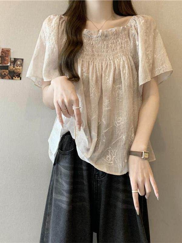 쉬폰 반팔 블라우스 여름 데일리 시원한 디자인 레이스 오피스 - 상세 이미지 2