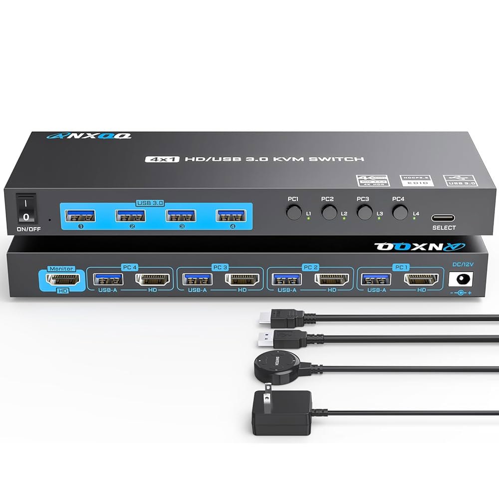 4K HDMI KVM 스위치 4 컴퓨터 1 모니터, ANXQQ 포트 EDID 기능 키보드 마우스 프린터와 함께 사용할 수 있는 USB 3.0 4개 공유, 유선 리모컨, 전원 어댑터 - 상품 이미지