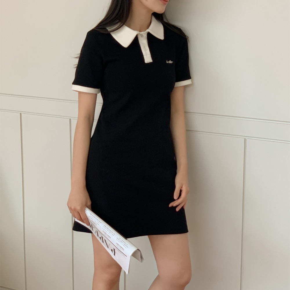 카라 배색 코튼 피케 반팔 미니 원피스 이미지 6