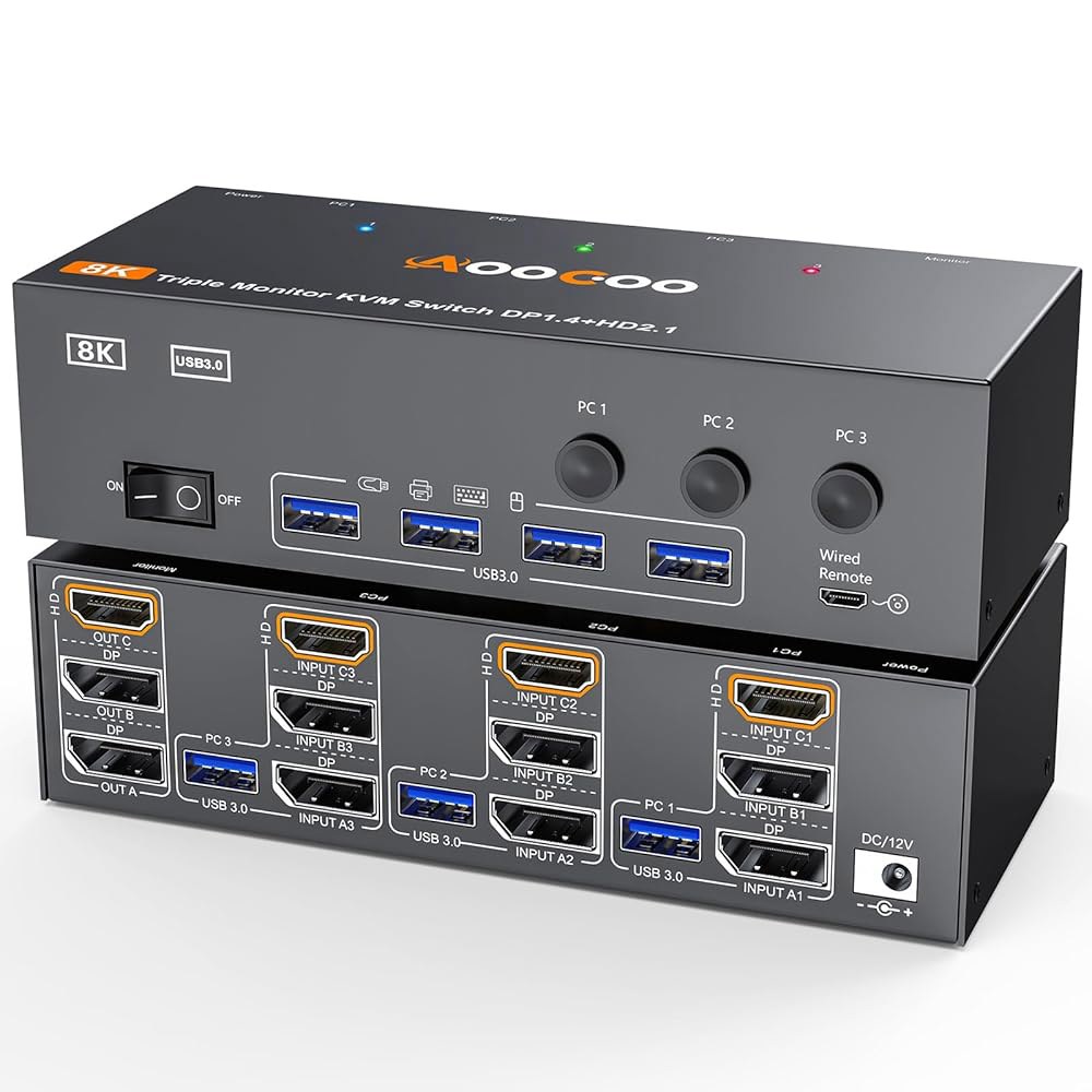 8K@60Hz HDMI 디스플레이포트 KVM 스위치 3 모니터 컴퓨터 4K@144Hz 트리플 스위치, USB 3.0 포트, 유선 리모컨, 전원 어댑터 및 케이블(16.2cm PC - 상품 이미지