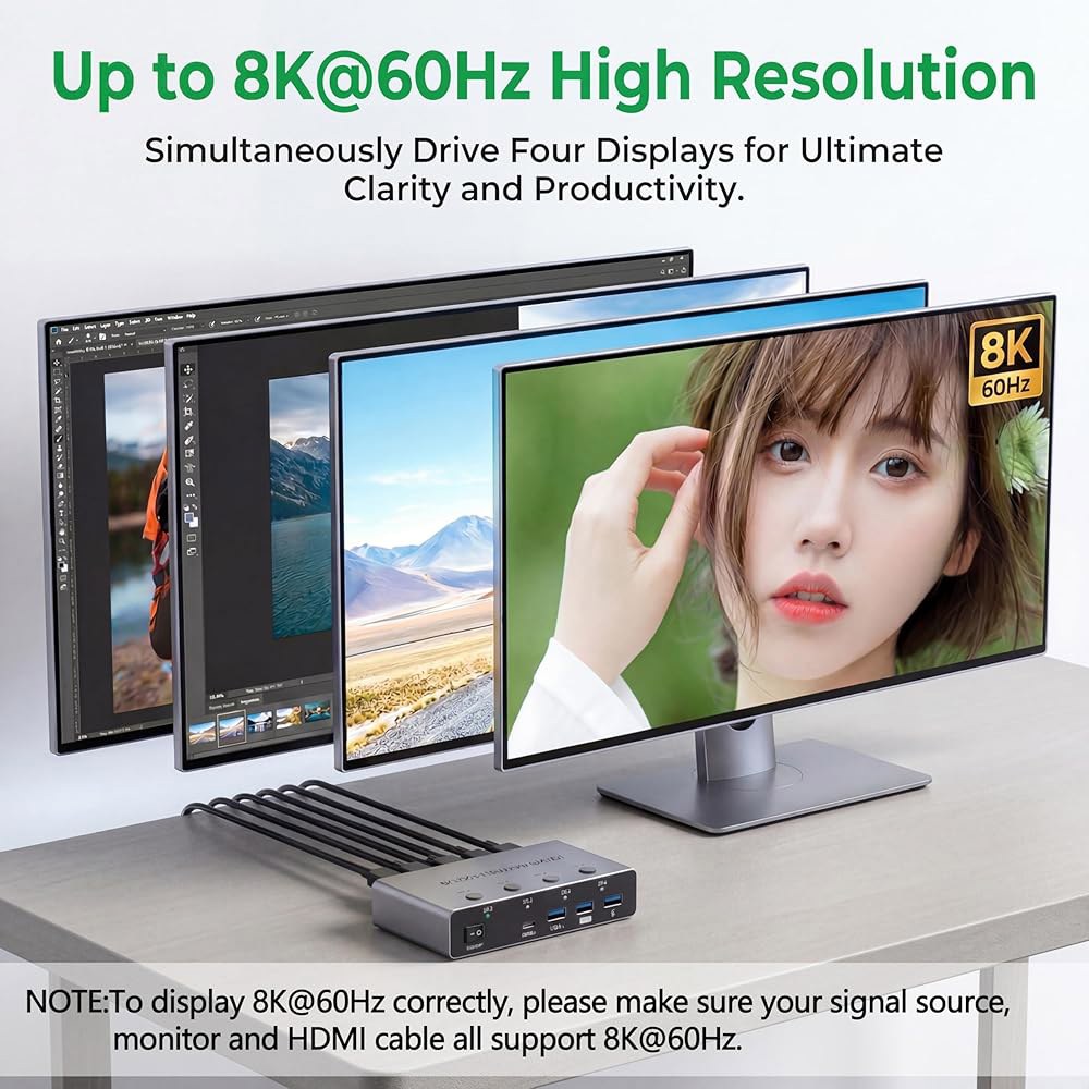 HDMI2.1 KVM 스위치 컴퓨터 4대 모니터 1대, 8K@60Hz HD 4대, USB3.0 3대, 타입 C 출력 공유 PC 키보드 마우스 프린터 gray - 상세 이미지 3