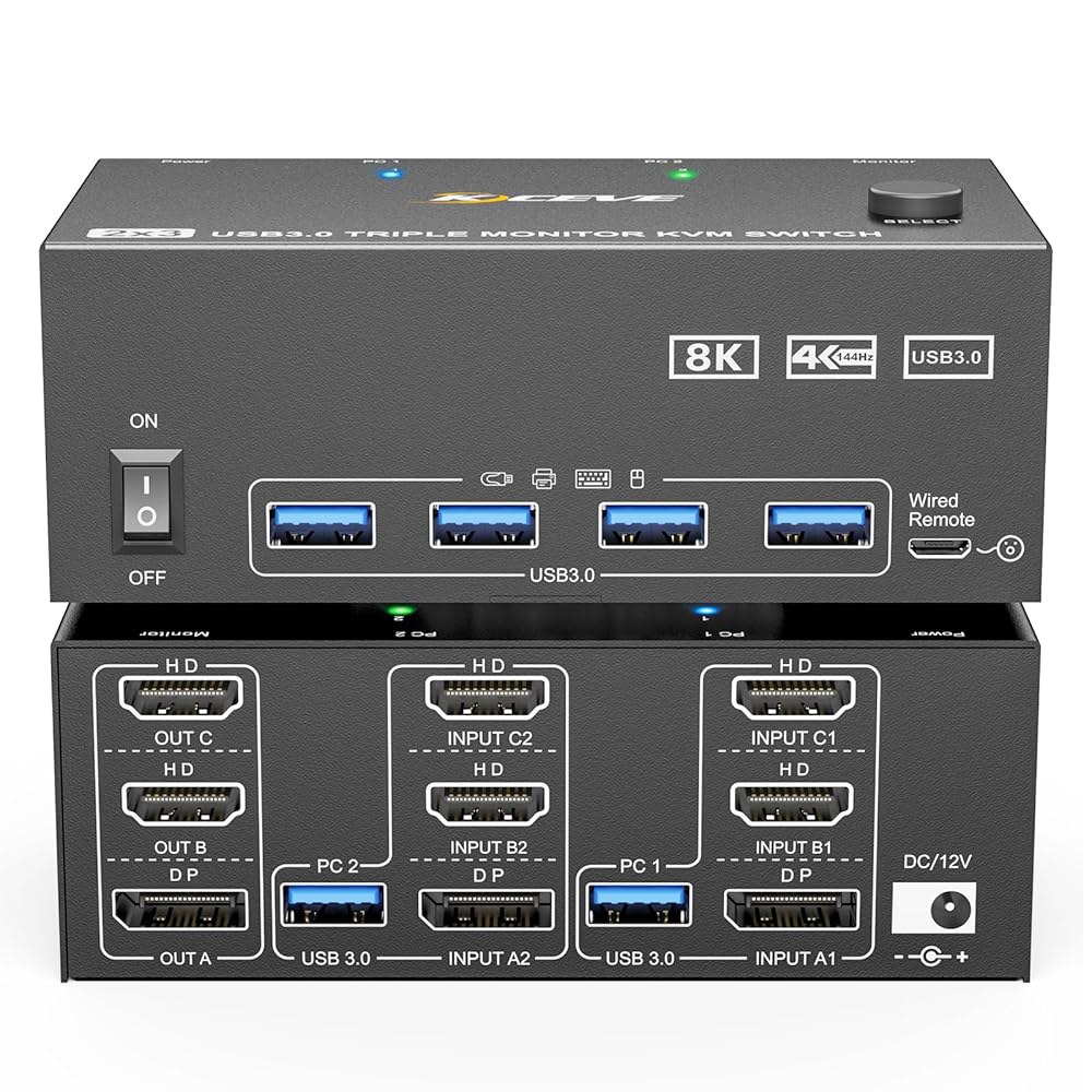 KVM 스위치 3 모니터 2대 컴퓨터 8K@60Hz /4K@144Hz, PC용 HDMI 디스플레이포트 스위치, 트리플 및 전원 어댑터, 유선 익스텐션 컨트롤러 USB3.0 케이블이 - 상품 이미지