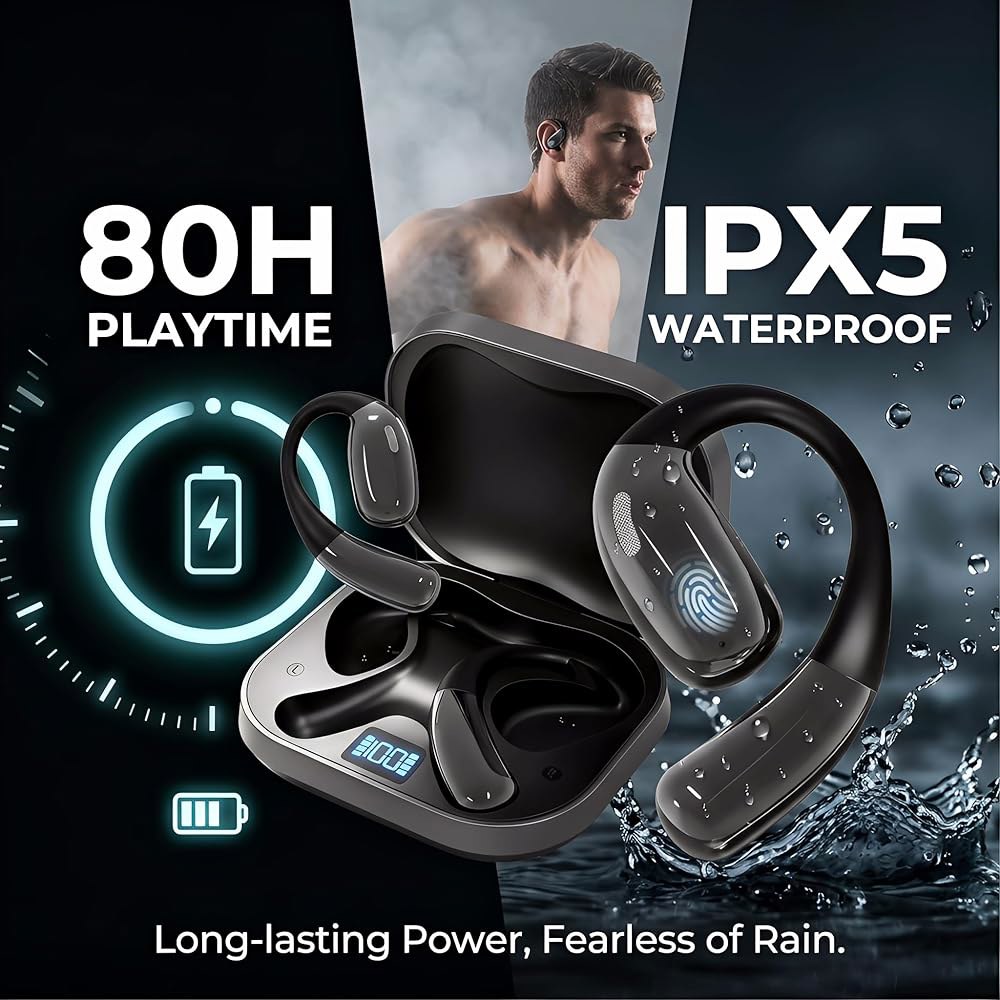 하우스벨 오픈 이어버드, 80H 플레이타임 블루투스 5.4 헤드폰, IPX5 방수, 스포츠/런닝/운동용 인체공학적 이어훅, 경량 7.5g, 무료 보너스로서의 AI 번역(블랙) - 상세 이미지 3