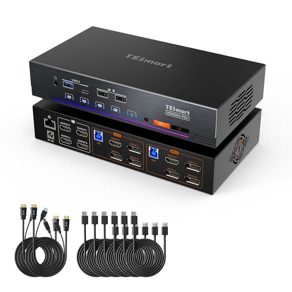 TESmart 4K@60Hz KVM 스위치 4 모니터 2 컴퓨터 USB 3.0, 쿼드 도킹 스테이션, EDID 에뮬레이터가 있는 DP+HDMI 스위치, 기가비트 네트워크, 핫키 - 상품 이미지