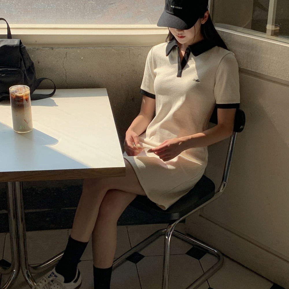 카라 배색 코튼 피케 반팔 미니 원피스 - 상세 이미지 5