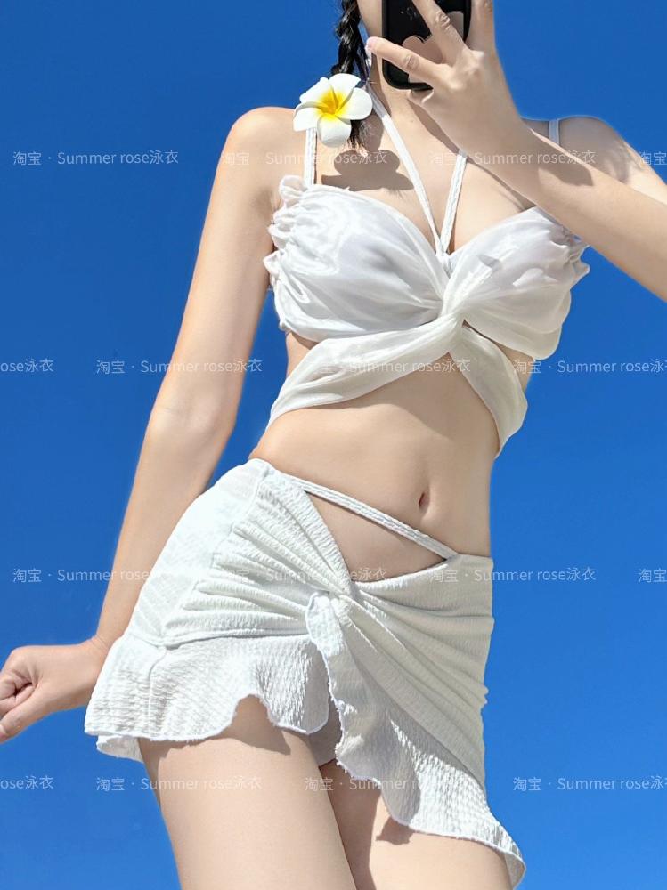 워터파크 스플릿 가늘게 여자 모여 달콤한 끈 휴가 체형커버 욕망 수영복 원피스 원피스수영복 흰 나비 M - 상세 이미지 3