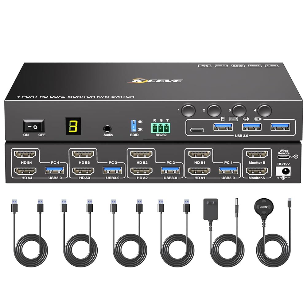 4포트 HDMI KVM 스위치 2 모니터 4대 컴퓨터 4K@60Hz EDID 시뮬레이션, USB 주변기기용 3.0 포트 4개 포함 듀얼 스위치, 오디오, RS232, 유선 리모컨, - 상품 이미지
