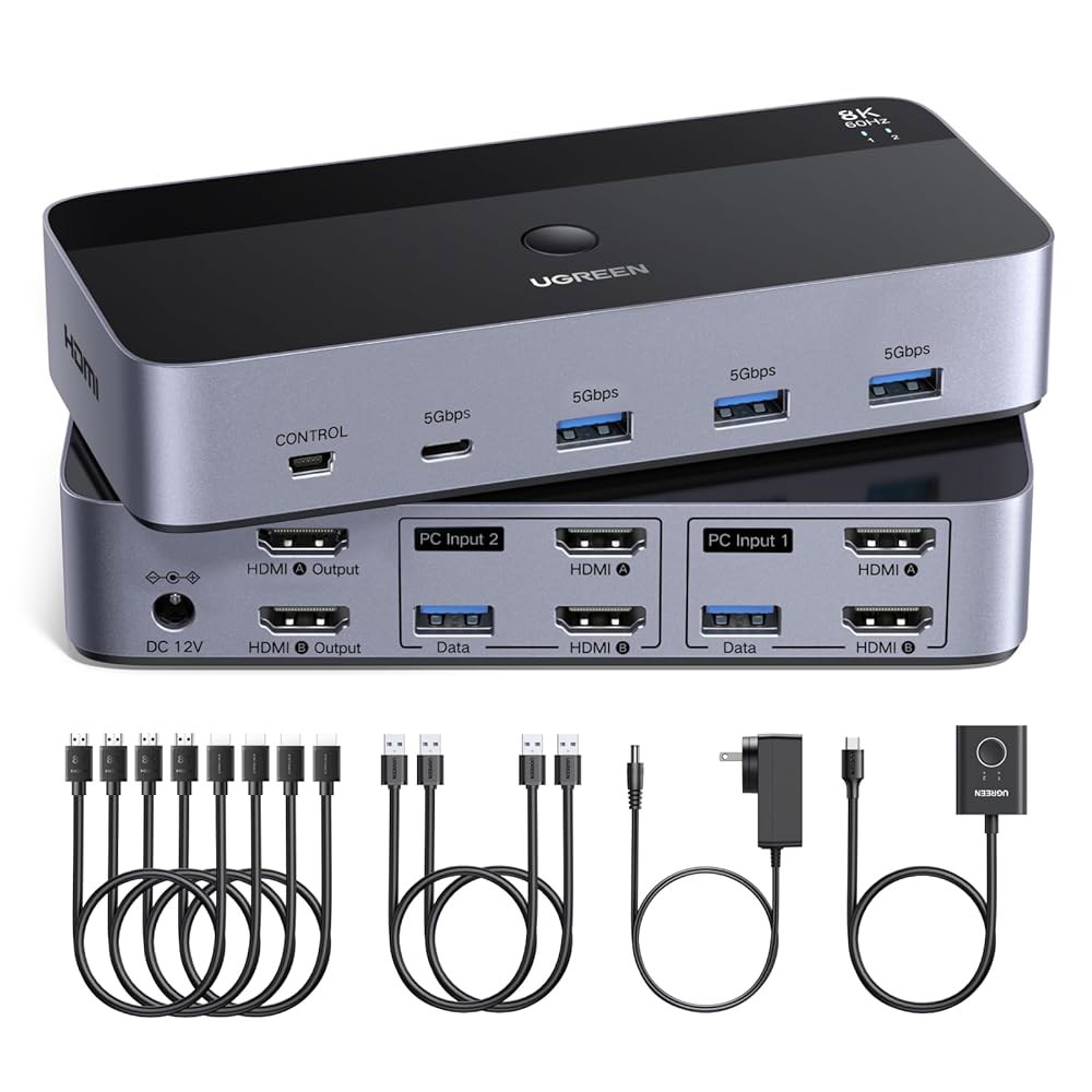UGREEN 8K@60Hz HDMI KVM 스위치 2 모니터 컴퓨터, 컴퓨터용 USB 3.0 포트 4개 포함 듀얼 키보드 마우스 프린터, 4개의 케이블, 2개의 전원 어댑터 및 - 상품 이미지