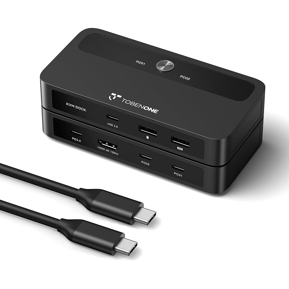 TobenONE USB C KVM 스위치 1 모니터 2 컴퓨터 4K@120Hz HDMI, 3개의 장치와 100W PD 충전 기능이 있는 2대, Windows /Chrome OS - 상품 이미지