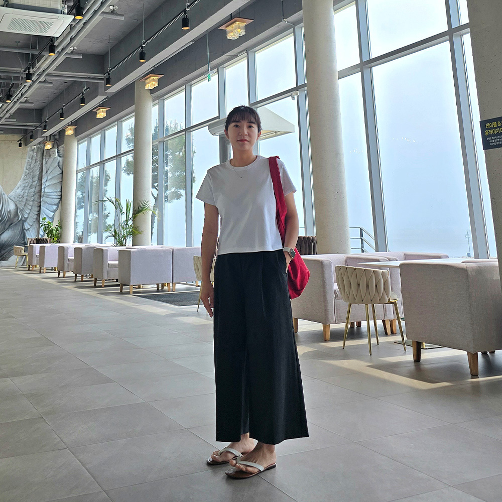 155CM 8부 치마바지 와이드 블랙 뒷밴딩 키작녀 팬츠 - 상세 이미지 2